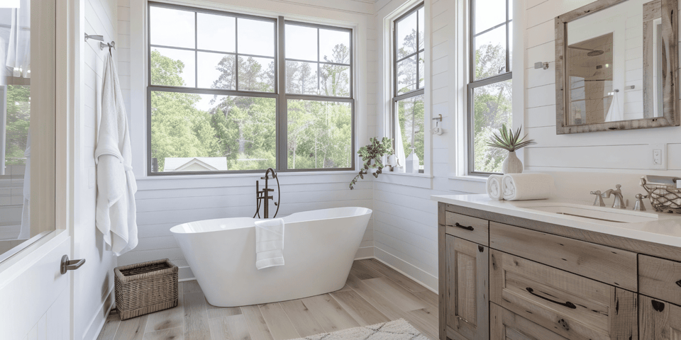 Best Bathroom Remodeling options - Wolfe Construction - West Tennessee - Home Builder &amp; Remodeler - stand alone tub in a farmhouse style bathroom