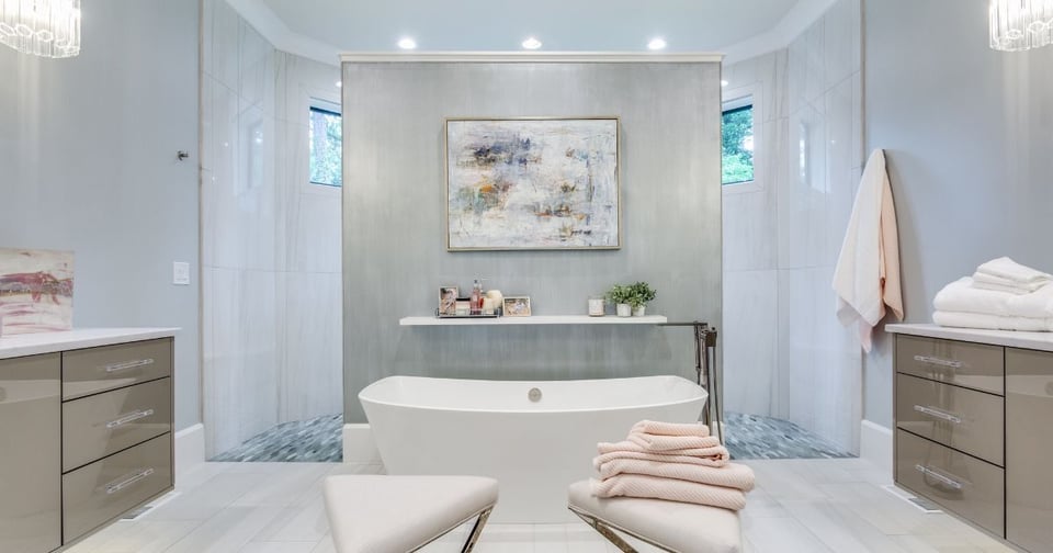 Bathroom remodel with large walk-in shower and centerpiece tub Jackson, TN