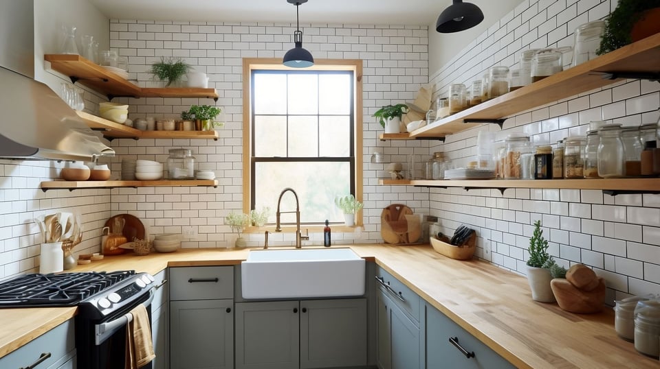 famhouse kitchen with long wood shelving and white brick walls - Wolfe Construction - West Tennessee - Home Builder & Remodeler  - Kitchen Remodel Timeline