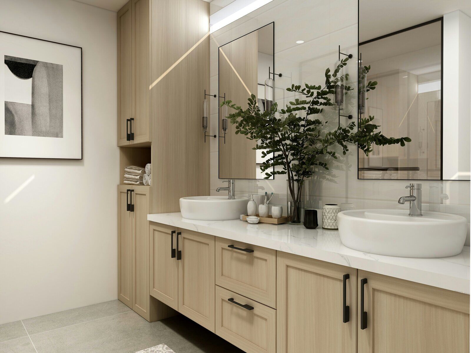 Luxury bathroom remodel with natural wood cabinetry and greenery by Wolfe Construction in Jackson, TN