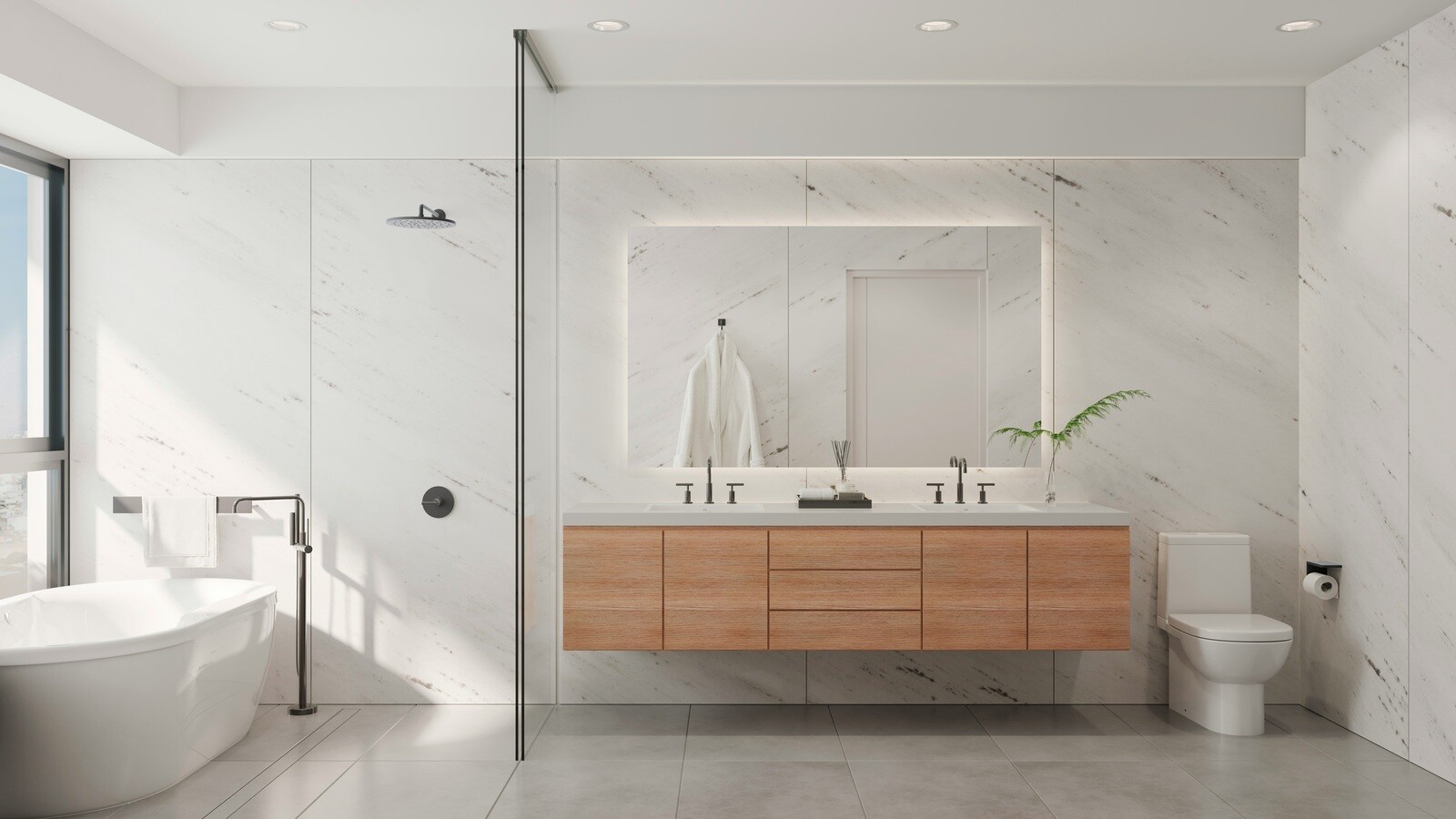 Modern bathroom remodel with floating wood vanity and marble walls by Wolfe Construction in Jackson, TN