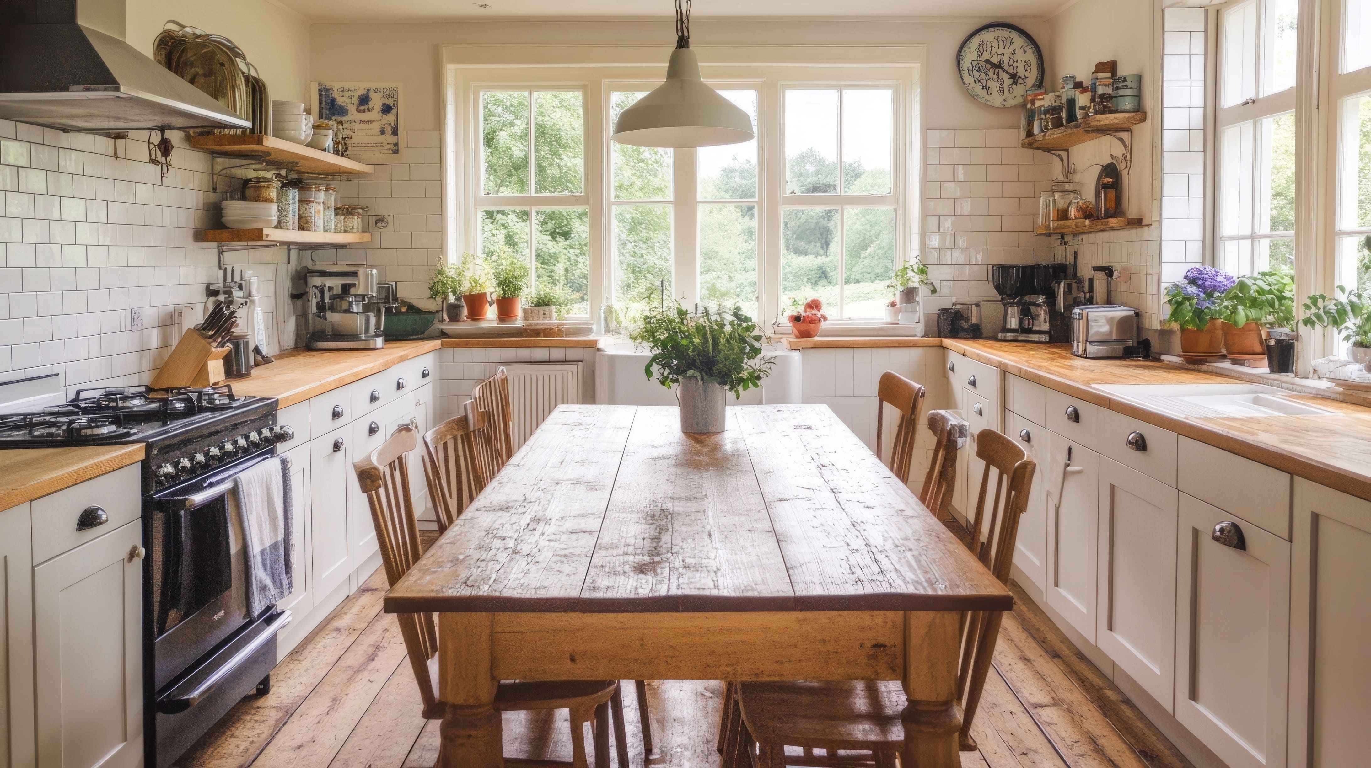 Brighg airy farmhouse kitchen with large wood dining table - Wolfe Construction Co - West Tennessee - Home Builder &amp; Remodeler