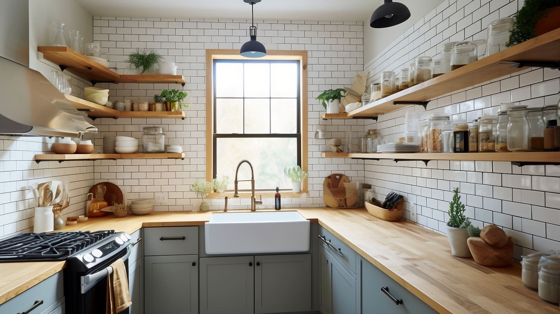 Kitchen Remodel Timeline famhouse kitchen with long wood shelving and white brick walls - Wolfe Construction Co - West Tennessee - Home Builder &amp; Remodeler