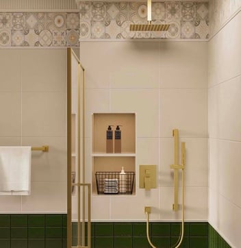 Modern luxury bathroom remodel with freestanding tub and gold multi-head shower system