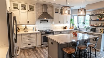 Kitchen remodel in Jackson TN featuring white shaker cabinets, quartz countertops, and modern lighting by Wolfe Construction.