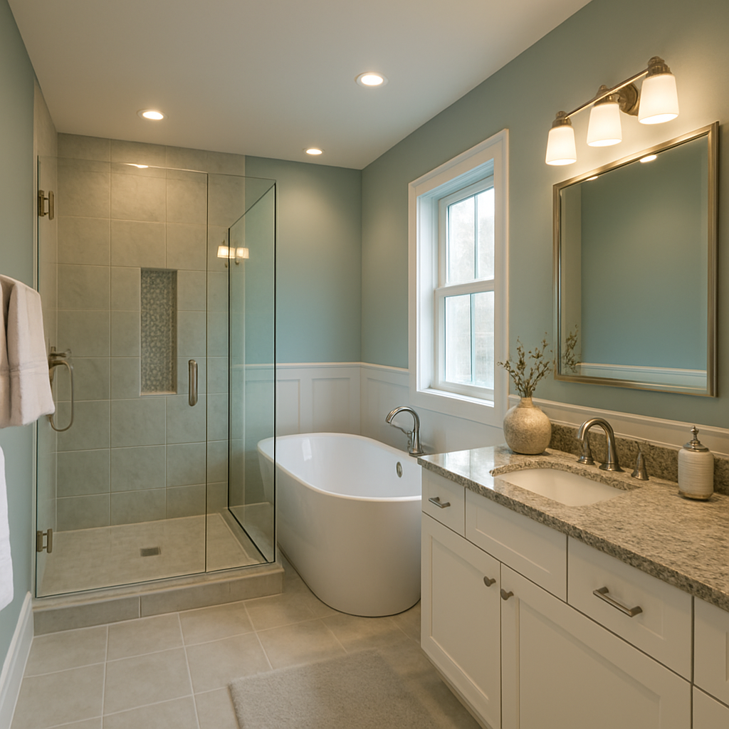 photographic The image depicts a beautifully remodeled bathroom that showcases a serene spalike atmosphere The walls are painted a soft calming hue wi-1