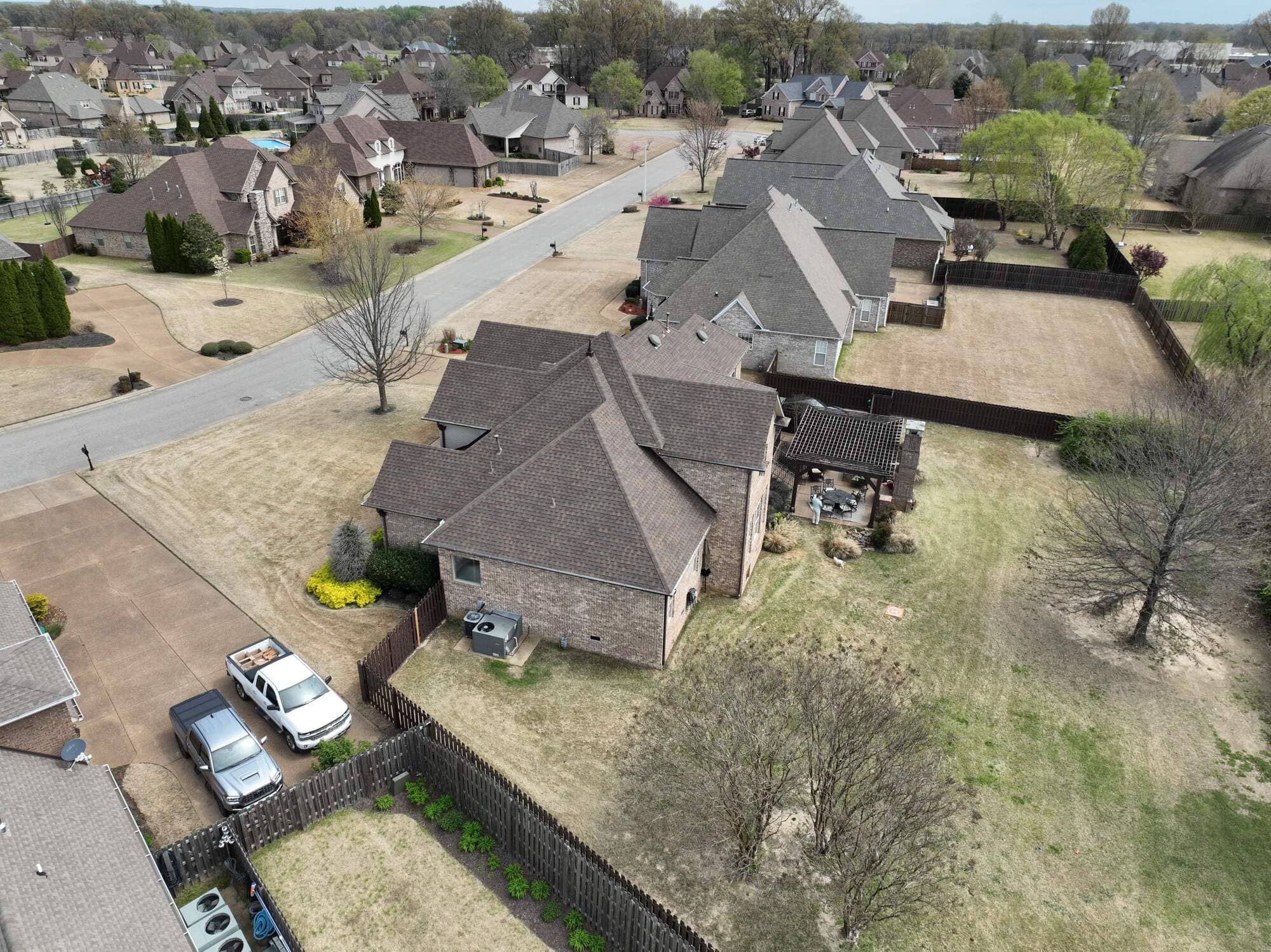 insurance restoration services - Top View of Roof Being Inspected by Drone Technology - Wolfe Construction - West Tennessee - Home Builder & Remodeler 